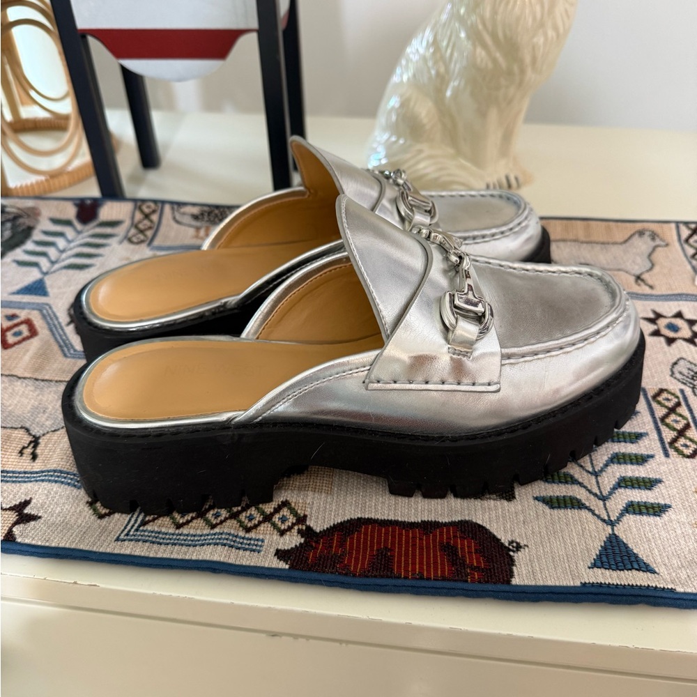 Nine West Silver Metallic Slip-On Platform Loafer Mule